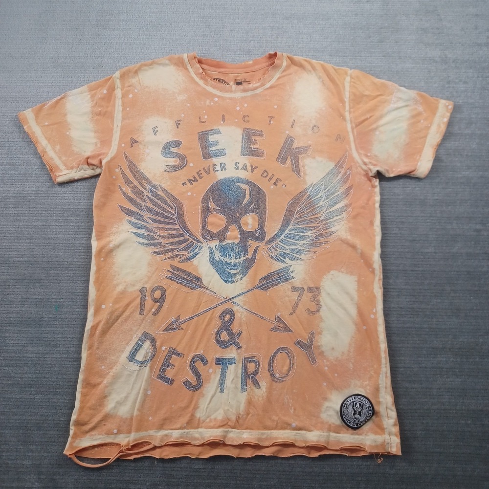 Vintage‎ Affliction Y2K Shirt Mens M Yellow Distressed Seek Destroy Goth Skull